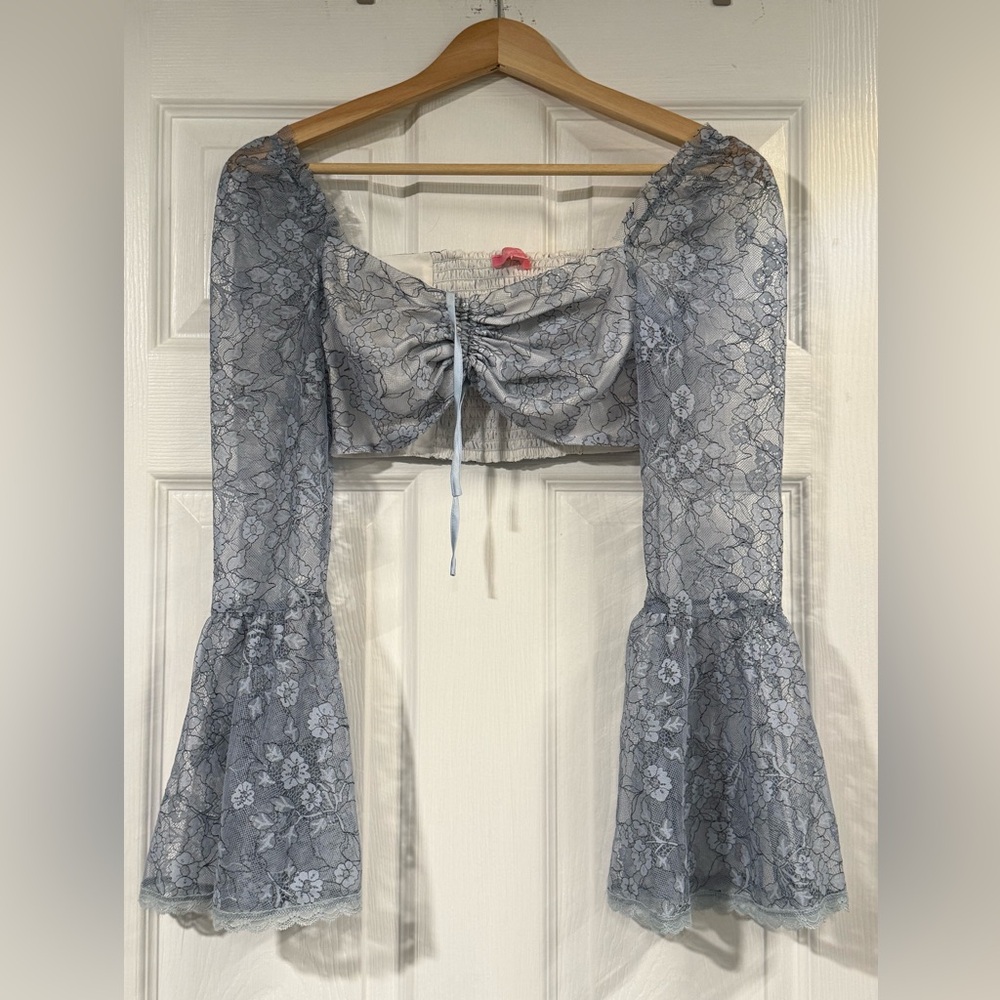 Sugar Thrillz Blue Floral Lace Bell Sleeve Fairy Top